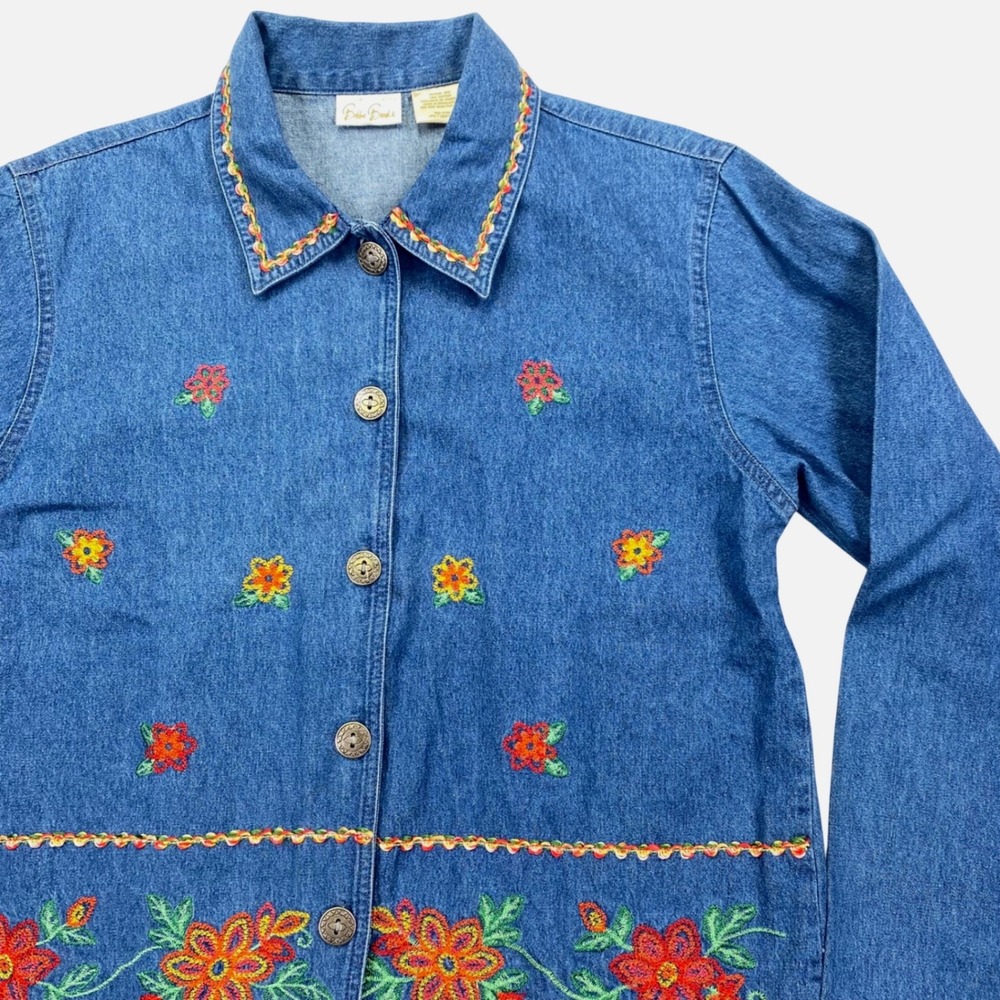 Bobbie Brooks Denim Jacket Womens Medium Blue Floral Embroidered Button Front
